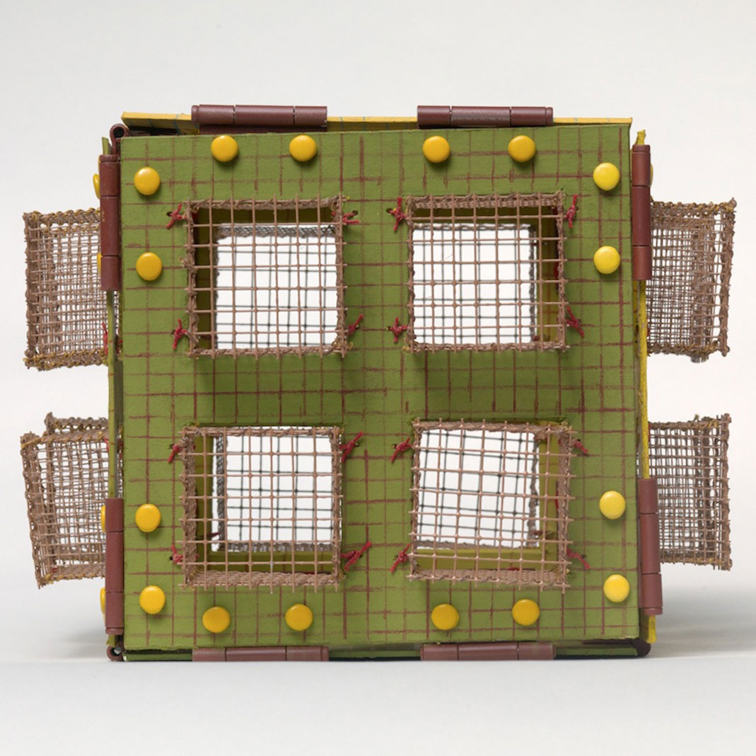 Folly with Escape Hatch, gouache, acrylic, wire mesh, paper board, brass fasteners, 6 x 6.5 x 6.5”