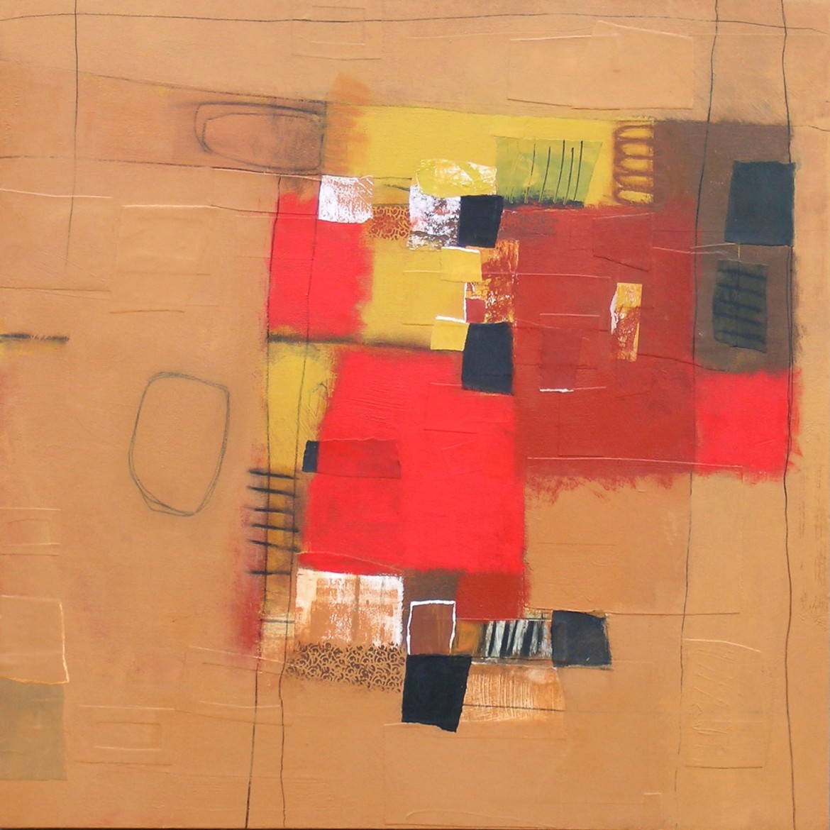 Deborah T. Colter, Point of Departure,  acrylic with mixed mediums and collage elements,  30  x 30”,  work on canvas, 2013