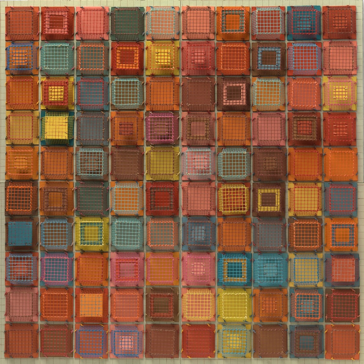 Cagey Box Rental 100, gouache, acrylic, wire mesh, cut paper, waxed thread, 27.5 x 27.5 x 1”