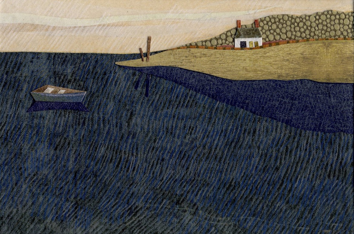 Rowboat’s in
the greenly river,
gently rocking
up and down
Slooshing, skimming,
waiting, swimming,
’til we want
to row to town.