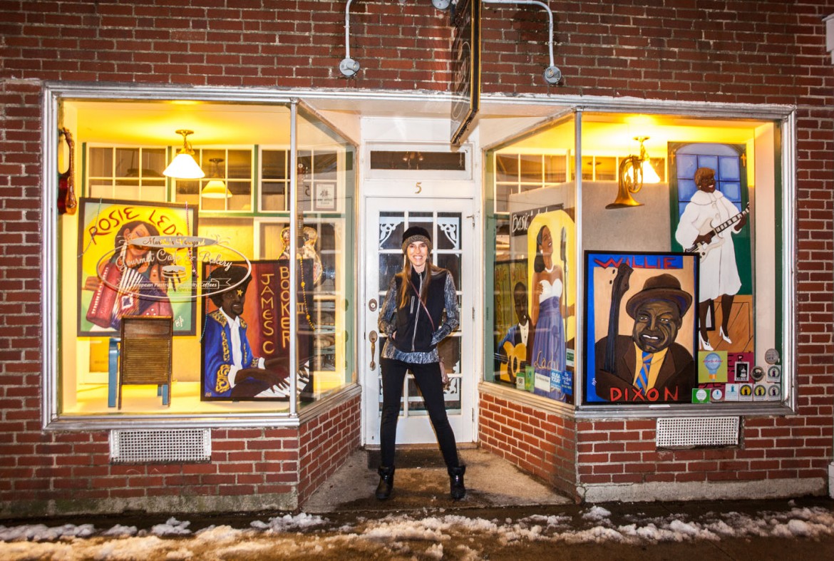 Basia Jaworska stands in front of the Martha's Vineyard Cafe & Bakery, where she filled the windows with her work. —Photos by Sam Moore