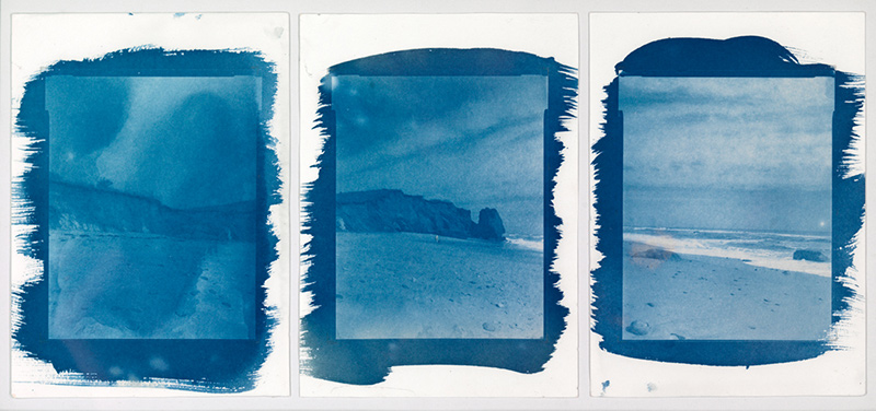 Astrid Tilton, Lucy Vincent cyanotype triptych. It was a gift of the artist, and can be viewed in the cafeteria. Tilton, one of the new generation of artists shown at the hospital, combines past and future in this cyanotype, a photographic process from 1842 used to document an erosion process in 2012.